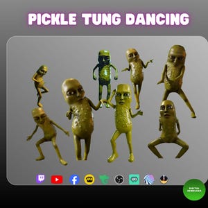 May include: A digital graphic titled PICKLE TUNG DANCING featuring seven green, bumpy, anthropomorphic pickle characters in various dancing poses. Below the characters are several small social media and platform icons, with a green digital download badge.