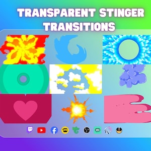 Könnte beinhalten: Eine digitale Grafik mit dem Text "TRANSPARENT STINGER TRANSITIONS" über einem Raster animierter visueller Effekte. Die Effekte umfassen Explosionen, Wolken und abstrakte Formen in verschiedenen Farben, mit Social-Media-Symbolen unten.