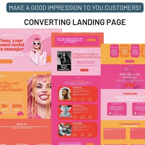 K&ouml;nnte beinhalten: Eine rosa und orangefarbene Landingpage f&uuml;r einen Social-Media-Manager. Die Seite zeigt ein Foto einer Frau mit pinken Haaren und Sonnenbrille und den Text "Ich bin Sam, dein engagierter Social-Media-Manager". Die Seite enth&auml;lt auch einen Bereich mit Erfahrungsberichten, einen Bereich mit h&auml;ufig gestellten Fragen und einen Bereich mit einem Call-to-Action, um den Newsletter des Managers zu abonnieren.