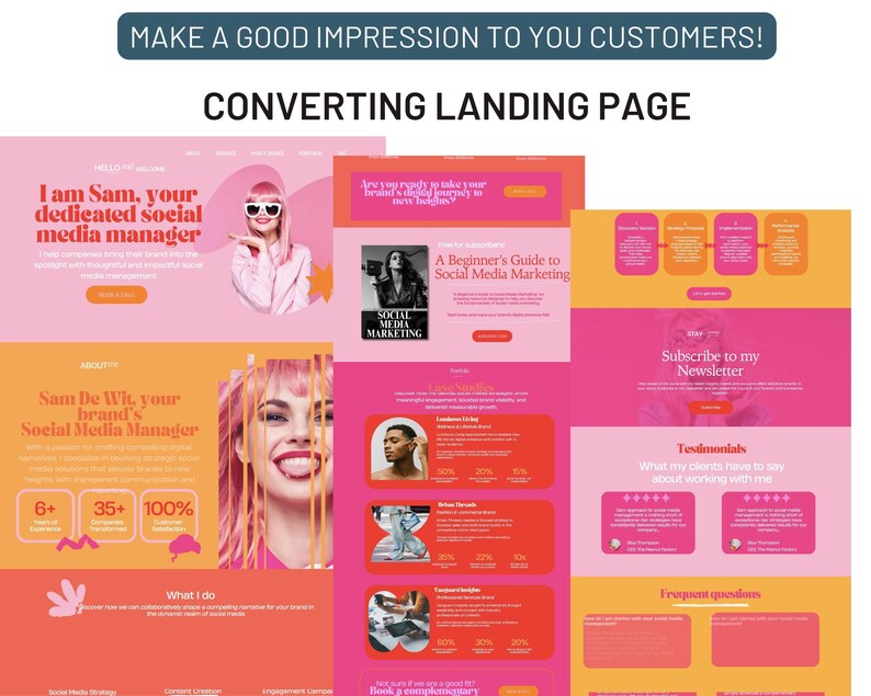 K&ouml;nnte beinhalten: Eine rosa und orangefarbene Landingpage f&uuml;r einen Social-Media-Manager. Die Seite zeigt ein Foto einer Frau mit pinken Haaren und Sonnenbrille und den Text "Ich bin Sam, dein engagierter Social-Media-Manager". Die Seite enth&auml;lt auch einen Bereich mit Erfahrungsberichten, einen Bereich mit h&auml;ufig gestellten Fragen und einen Bereich mit einem Call-to-Action, um den Newsletter des Managers zu abonnieren.