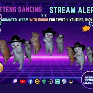 Op de afbeelding: Een geanimeerde digitale stream-alert met acht dansende kittens tegen een paarse rasterachtergrond. De tekst luidt KITTENS DANCING, STREAM ALERT, ANIMATED .WEBM WITH SOUND FOR TWITCH, YOUTUBE, KICK, FREE BONUS! ALERTS en INSTANT DIGITAL DOWNLOAD.