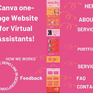 K&ouml;nnte beinhalten: Eine rosa und wei&szlig;e Grafik, die das Layout einer Website f&uuml;r virtuelle Assistenten zeigt. Die Website enth&auml;lt Abschnitte f&uuml;r "Hero", "&Uuml;ber uns", "Dienstleistungen", "Portfolio", "Feedback", "FAQ" und "Kontakt".