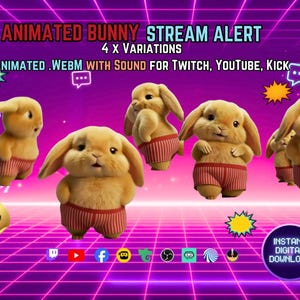 May include: Animated bunny stream alert graphics featuring four variations of a fluffy tan rabbit wearing red and white striped shorts. The digital image includes text overlays such as ANIMATED BUNNY STREAM ALERT, 4 X VARIATIONS, and INSTANT DIGITAL DOWNLOAD against a purple grid background.