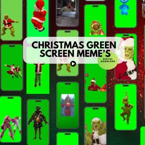 Puede incluir: Un gráfico de descarga digital con una colección de memes de pantalla verde con temática navideña. La imagen incluye varios personajes y escenas, con el texto "CHRISTMAS GREEN SCREEN MEME'S" y "DIGITAL DOWNLOAD". El fondo es rojo festivo.