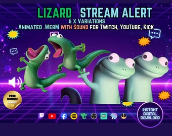 Pode incluir: Um gráfico digital com figuras de lagartos verdes de olhos grandes e bocas abertas, rotulado LIZARD STREAM ALERT 6 X VARIATIONS ANIMATED .WEBM WITH SOUND FOR TWITCH, YOUTUBE, KICK. Inclui ícones de redes sociais e um selo de INSTANT DIGITAL DOWNLOAD.