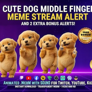 Könnte beinhalten: Vier goldbraune Welpen stehen in einer Reihe vor einem violetten Hintergrund. Der Text lautet CUTE DOG MIDDLE FINGER MEME STREAM ALERT AND 2 EXTRA BONUS ALERTS. Enthält Social-Media-Symbole und den Text ANIMATED .WEBM WITH SOUND FOR TWITCH, YOUTUBE, KICK.
