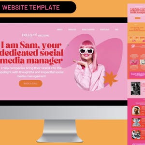 Può includere: Un modello di sito web per un social media manager. Il sito web presenta una combinazione di colori rosa e arancio con una foto di una donna che indossa occhiali da sole rosa e una parrucca rosa. Il testo sul sito web recita "Sono Sam, il tuo social media manager dedicato." e "Ciao e benvenuto".