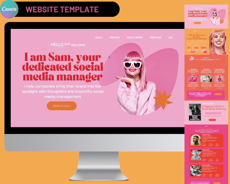 K&ouml;nnte beinhalten: Eine Website-Vorlage f&uuml;r einen Social-Media-Manager. Die Website hat ein rosa und orangefarbenes Farbschema mit einem Foto einer Frau, die eine rosa Sonnenbrille und eine rosa Per&uuml;cke tr&auml;gt. Der Text auf der Website lautet "Ich bin Sam, dein engagierter Social-Media-Manager." und "Hallo und herzlich willkommen".