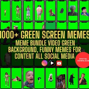 Può includere: Un collage di oltre 1000 meme con schermo verde per contenuti sui social media. L'immagine presenta una varietà di meme divertenti e pertinenti con sfondi verdi, perfetti per aggiungere umorismo a video e post sui social media. Il testo "1000+ GREEN SCREEN MEMES" è visualizzato in grandi caratteri grassetto nella parte superiore dell'immagine.