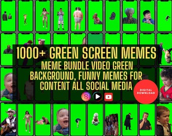 May include: A collage of 1000+ green screen memes for social media content. The image features a variety of funny and relatable memes with green backgrounds, ideal for adding humour to videos and social media posts. The text "1000+ GREEN SCREEN MEMES" is displayed in large, bold letters at the top of the image.