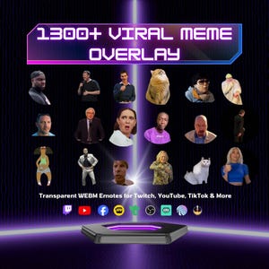 May include: A digital graphic featuring a collection of viral meme images. The text "1300+ VIRAL MEME OVERLAY" is displayed at the top. Below are various meme faces. The bottom text reads "Transparent WEBM Emotes for Twitch, YouTube, TikTok & More".