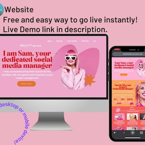 K&ouml;nnte beinhalten: Ein pinkfarbenes und wei&szlig;es Website-Design mit dem Text "Ich bin Sam, dein engagierter Social-Media-Manager" und einem Foto einer Frau mit pinkem Haar und Sonnenbrille. Die Website ist f&uuml;r einen Social-Media-Manager und bietet Dienstleistungen wie Social-Media-Management, Markenaufbau und Content-Erstellung.