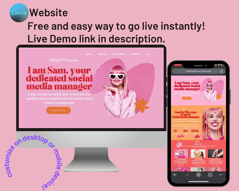 K&ouml;nnte beinhalten: Ein pinkfarbenes und wei&szlig;es Website-Design mit dem Text "Ich bin Sam, dein engagierter Social-Media-Manager" und einem Foto einer Frau mit pinkem Haar und Sonnenbrille. Die Website ist f&uuml;r einen Social-Media-Manager und bietet Dienstleistungen wie Social-Media-Management, Markenaufbau und Content-Erstellung.