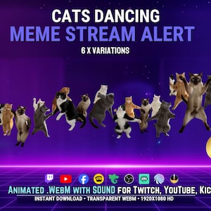 May include: A digital graphic featuring the text CATS DANCING MEME STREAM ALERT 6 X VARIATIONS with multiple animated cats in various poses against a purple background. Includes icons for streaming platforms and text ANIMATED .WEBM WITH SOUND.