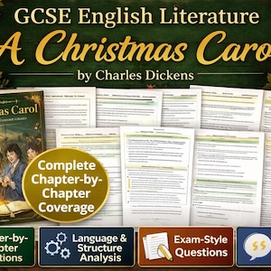 May include: Image of a book cover and study materials for GCSE English Literature. The book is titled "A Christmas Carol" by Charles Dickens. The image includes study guides, chapter questions, and exam-style questions.