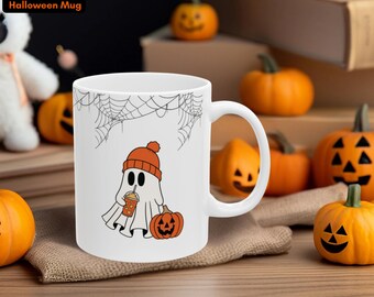 Halloween Ghost Mug,Fall Pumpkin Spice Coffee Cup,Spooky Season Gift For Coffee Lovers, Cute Ghost Cup Printed Both Sides, Housewarming Gift