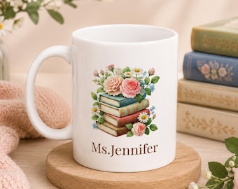Personalized Floral Book Stack Mug With Name, Custom Reader Gift for Her, Book Lover Coffee Cup, Teacher Librarian Birthday Mug