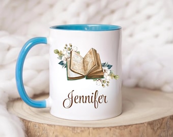 Personalized Book Lover Mug With Name, Floral Open Book Coffee Cup, Vintage Reader Gift For Teachers Librarians And Bookworms Gift