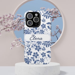 Personalized Floral Name Phone Case: Samsung Cover, Elegant Blue Flower Design