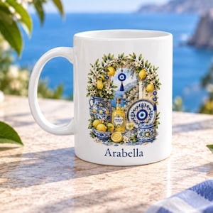 Personalized Evil Eye Mug, Custom Name Limoncello Mug, Italian Lemon Coffee Cup, Mediterranean Mug, Blue Pottery Mug, Nazar Gift