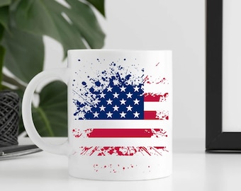 Patriotic American Flag Mug, USA Paint Splash Coffee Cup, Red White Blue Independence Day Mug, 4th Of July Gift For Veterans And Patriots