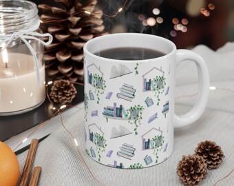 Book Lover Coffee Mug With Books And Plants Pattern, Cozy Reading Cup Gift For Teachers Readers And Bookworms Literary Mug Bibliophile Gift