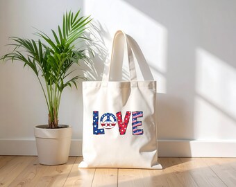 Patriotic Love Tote Bag, American Flag Canvas Bag, USA Gift For Her, Reusable Eco Shopping Bag, 4th Of July Market Tote