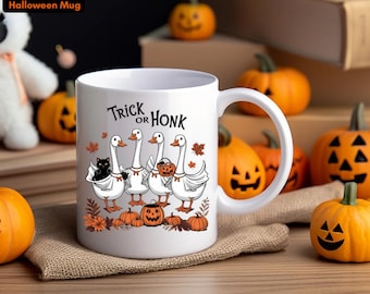 Halloween Goose Ghost Coffee Mug, Funny Spooky Season Cup, Cute Fall Pumpkin Cat Mug, Silly Goose Halloween Gift, Coffee Lover Mug