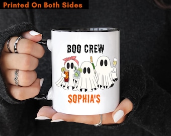 Personalized Boo Crew Ghost Mug With Drinks, Halloween Coffee Mug Gift For Friends, Spooky Season Cup, Custom Fall Party Mug For Her