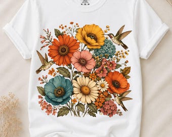 Vintage Floral PNG, Wildflower PNG, Hummingbird Clipart, Botanical Flower, Sublimation Design, Instant Download, PNG File