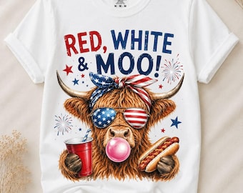 Patriotic Highland Cow Png, Red White And Moo PNG, Funny 4th Of July Cow, USA Sublimation Design, Independence Day PNG
