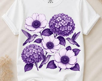 Purple Hydrangea PNG, Hummingbird Floral PNG, Purple Flower PNG, Botanical Clipart, Sublimation Design, Instant Download
