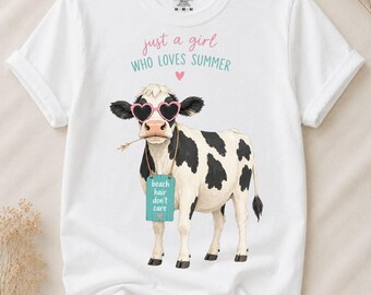Just a Girl Who Loves Summer Png, Cute Cow Png, Summer Cow Png, Beach Cow Design, Funny Farm Animal Png, Sublimation Design