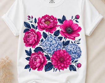 Pink Peony Png, Blue Hydrangea Png, Floral Bouquet Png, Botanical Flower Png, Watercolor Floral Design, Instant Download