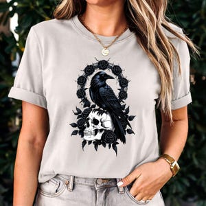 Gothic Raven Skull Tee, Raven and Roses T-Shirt, Skull with Black Roses Tee, Halloween Gothic T-Shirt, Crow and Skull Shirt, Halloween Tee