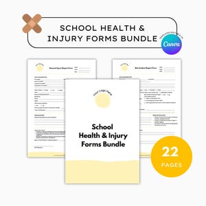 Puede incluir: Un paquete de 22 formularios imprimibles para la salud y las lesiones en la escuela. Los formularios están diseñados para ser utilizados por las escuelas para hacer un seguimiento de la salud y las lesiones de los estudiantes. El paquete incluye un formulario de informe de lesiones generales y un formulario de informe de incidentes de autobús. Los formularios son personalizables y pueden ser utilizados por escuelas de todos los tamaños.