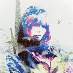 May include: A colorful digital art portrait of a person with blue and red hair and a jacket. The artwork has a textured, pointillist style, with a soft focus and a dreamlike quality. The background includes hints of nature.