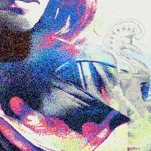 May include: Abstract art piece with a pointillism style. The artwork features a blend of colors, including blue, red, and white, creating a textured effect. The subject matter appears to be a stylized floral or organic form.