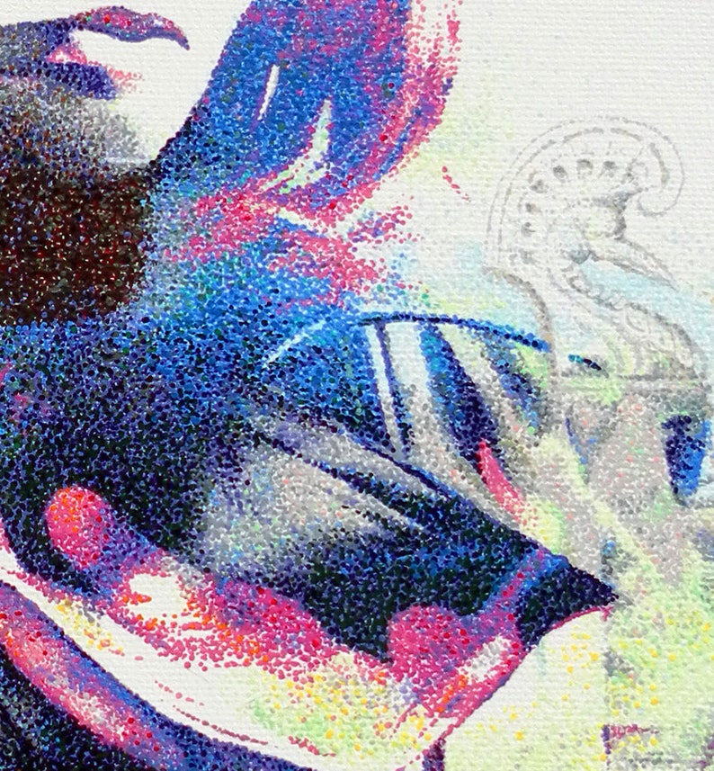 May include: Abstract art piece with a pointillism style. The artwork features a blend of colors, including blue, red, and white, creating a textured effect. The subject matter appears to be a stylized floral or organic form.