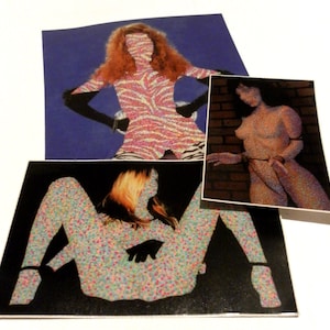 May include: Three images of women with their bodies covered in colorful dots. The images are printed on paper and have a glossy finish.