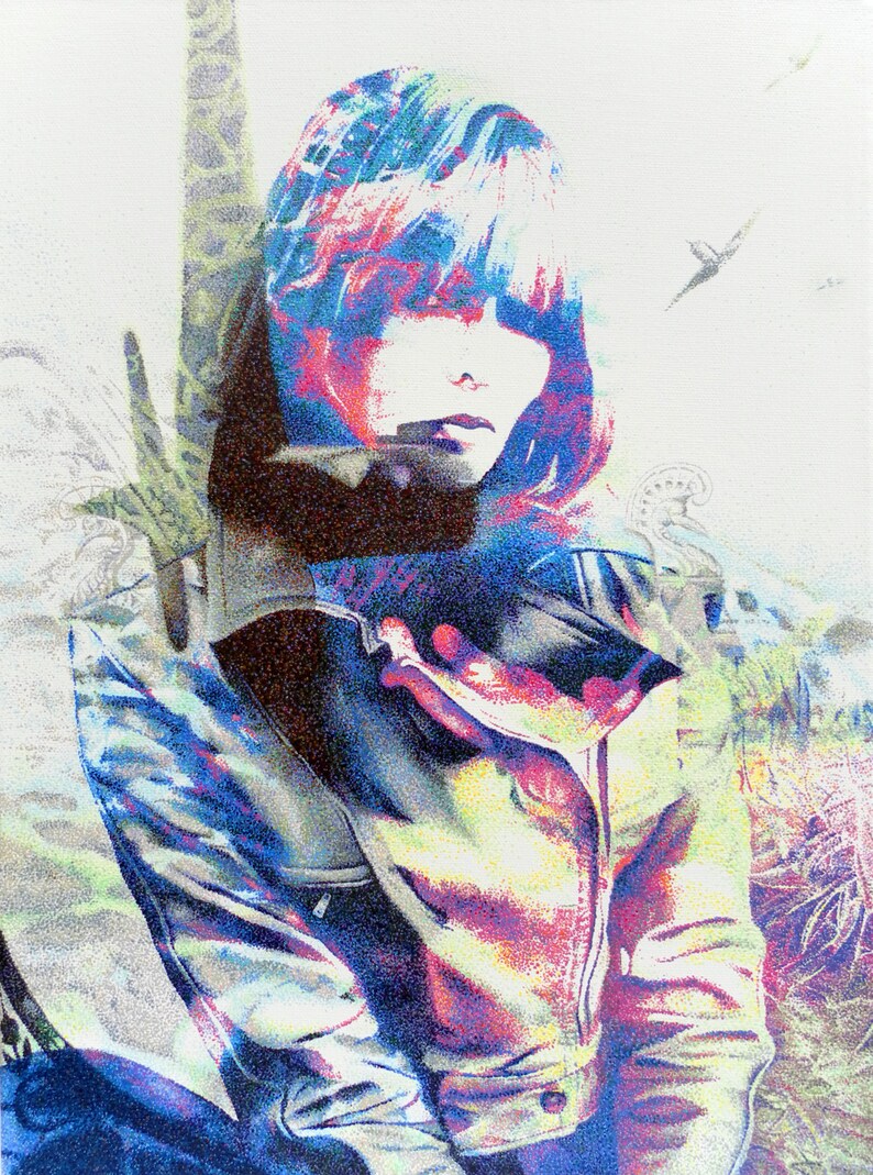 May include: A colorful digital art portrait of a person with blue and red hair and a jacket. The artwork has a textured, pointillist style, with a soft focus and a dreamlike quality. The background includes hints of nature.