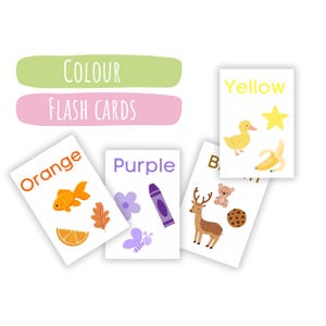 May include: Color flash cards for kids featuring a variety of objects in different colors. The cards show a goldfish, orange slice, oak leaf, flower, crayon, deer, teddy bear, cookie, duck, star, and banana.
