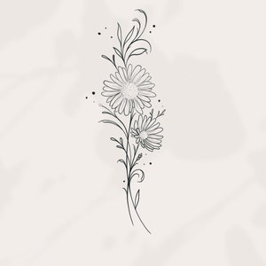 Diseño de tatuaje de flores del mes de nacimiento de septiembre, tatuaje e impresión de flores del mes de nacimiento de Aster, arte floral de línea fina, póster de tatuaje floral del mes de nacimiento