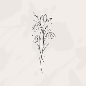 May include: A line drawing of a snowdrop flower, the birth flower for January. The text "BIRTH FLOWER" and "January" are above the flower. The text "SNOWDROP" is below the flower. The text "Leadership · Charm · Generous" is below the flower. The text "NINI & LULU" is below the flower.