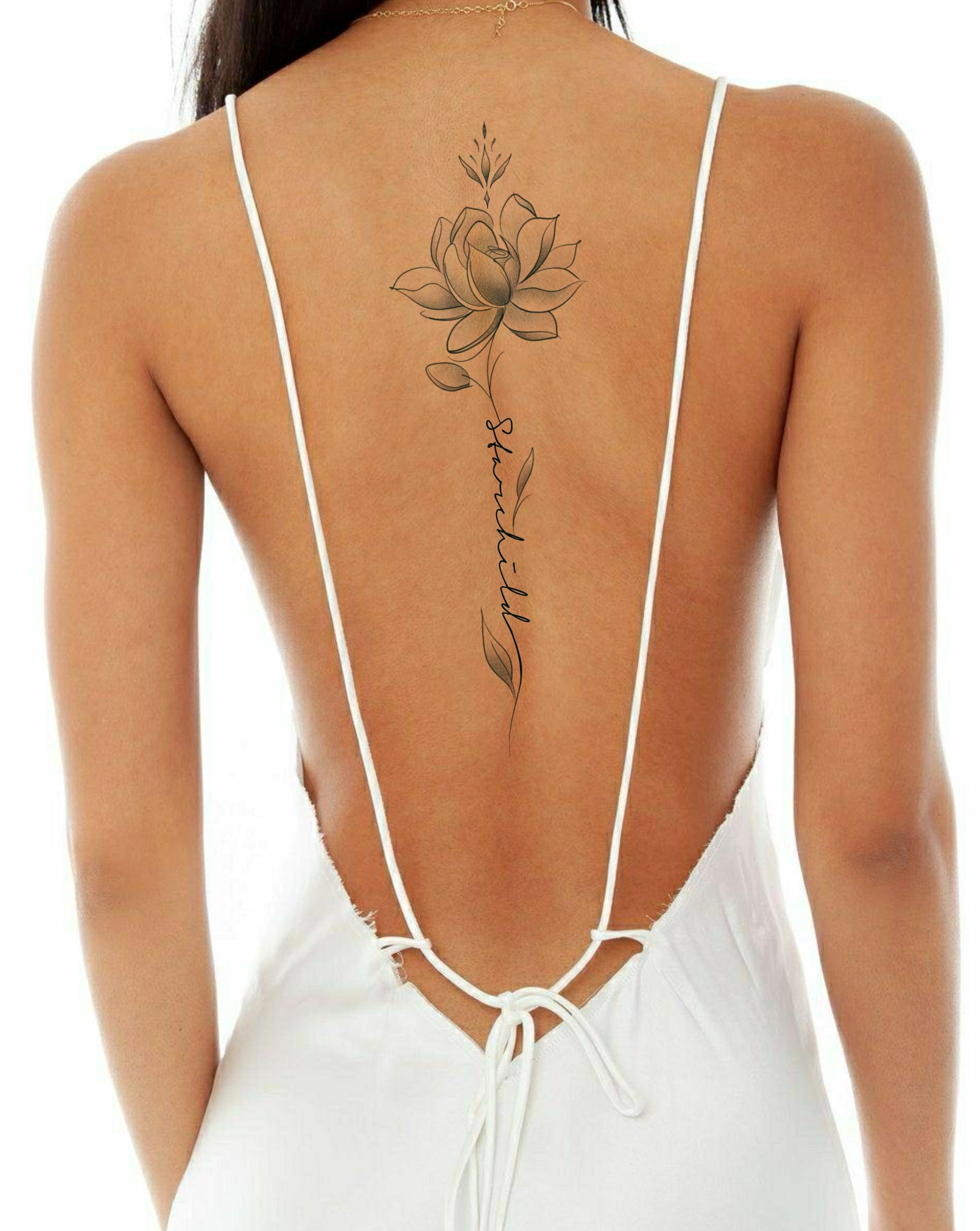 Custom Floral Spine Tattoo Design: Personalized Name, Moon & Sun Art (Digital Download