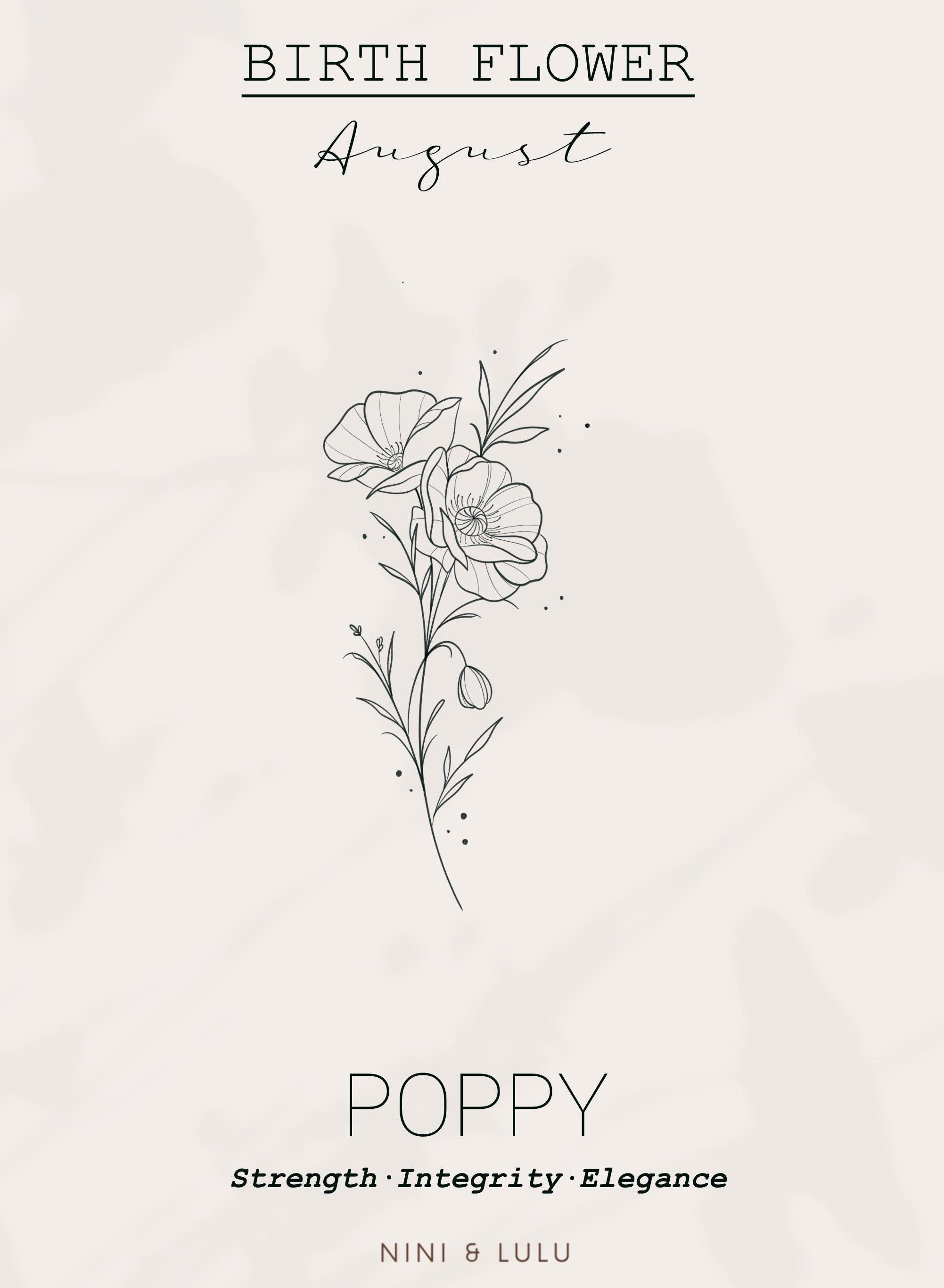 August Birth Flower Tattoo: Poppy Fine Line Art, Floral Birth Print, and Elegant Flower Ink