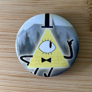 May include: A circular badge with a yellow triangle character with a single eye, a black bow tie, and black limbs. The background shows a grey forest and mountains. A black top hat sits at the top.