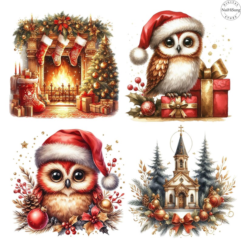 May include: Four digital illustrations featuring adorable owls in Santa hats.  Two illustrations show owls nestled amongst Christmas decorations, including stockings, a fireplace, and a Christmas tree.  The other two illustrations feature owls wearing Santa hats, surrounded by festive greenery and ornaments. One illustration includes a charming church scene.  All illustrations are in a vibrant, colorful style, perfect for Christmas cards, decorations, or digital scrapbooking.