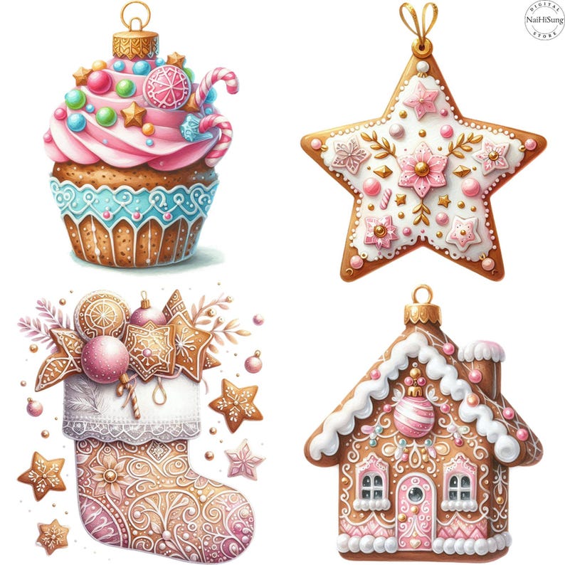 May include: An assortment of pink and white iced gingerbread Christmas cookies.  A cupcake with pink frosting and candy decorations, a star-shaped cookie with floral accents, a gingerbread house ornament, and a stocking-shaped cookie with ornate detailing are shown.  All cookies feature delicate designs and pastel colors.