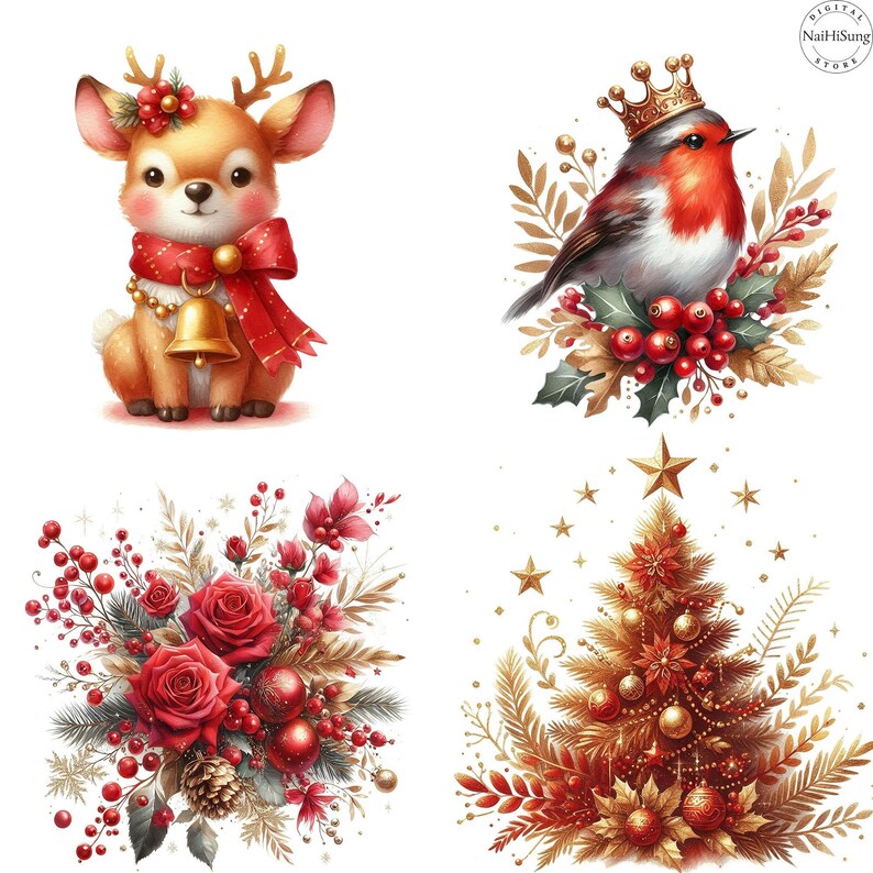May include: Four digital illustrations ideal for Christmas-themed nail art designs.  The designs include a cute deer with a red scarf and bell, a robin wearing a crown amidst gold and red berries, a bouquet of red roses and berries, and a gold Christmas tree adorned with red ornaments and gold stars.  All designs feature rich red and gold colors against a white background.  The watermark 'NailHSung' is visible.